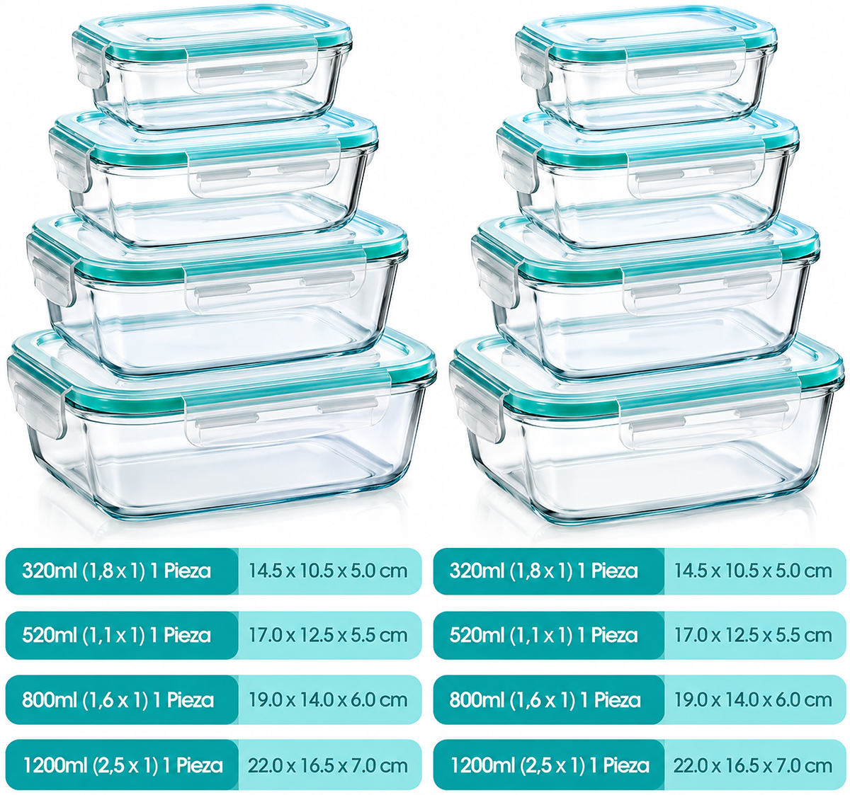 Juego de 8 Recipientes de Vidrio de Borosilicato para Almacenamiento de Alimentos