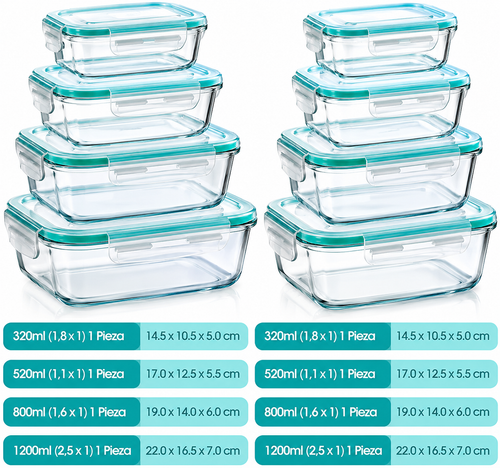 Juego de 8 Recipientes de Vidrio de Borosilicato para Almacenamiento de Alimentos